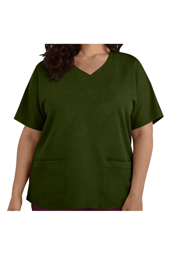 Womens Nursing Scrub Shirts Workwear Plus Size Summer Short Sleeve V Neck T-Shirt Stretch Uniforms Tops with Pockets(Army Green,5XL)