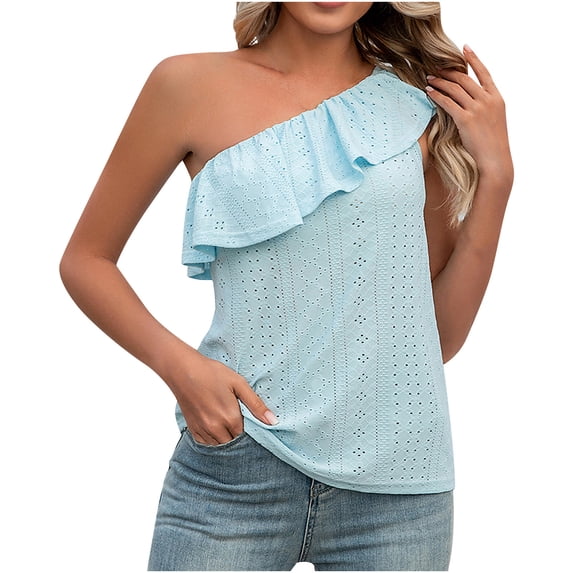 Brglopf Womens One Shoulder Tops Ruffled Solid Color Tunic Shirts Sleeveless Loose Fit Tank Top Vocation Beach Cute Blouse