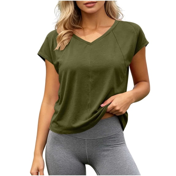 Brglopf Womens Open Back Workout Crop Tops V Neck Short Sleeve Athletic Shirts Tie Back Oversized Gym Running Yoga Tees Army Green XXL