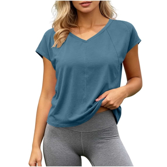 Brglopf Womens Open Back Workout Crop Tops V Neck Short Sleeve Athletic Shirts Tie Back Oversized Gym Running Yoga Tees Navy S