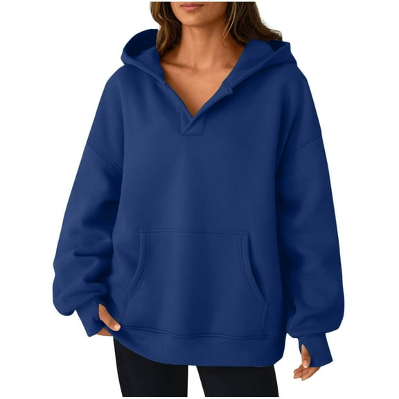 Brglopf Womens Oversized Hoodies Fall Winter Trendy V Neck Y2K Hooded Sweatshirts Plain Casual Long Sleeve Pullover Tops with Pocket Blue XL