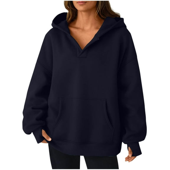 Brglopf Womens Oversized Hoodies Fall Winter Trendy V Neck Y2K Hooded Sweatshirts Plain Casual Long Sleeve Pullover Tops with Pocket Navy XL