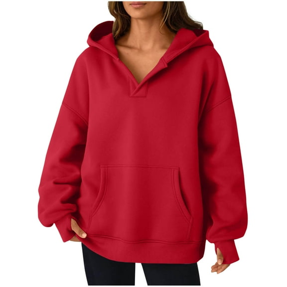 Brglopf Womens Oversized Hoodies Fall Winter Trendy V Neck Y2K Hooded Sweatshirts Plain Casual Long Sleeve Pullover Tops with Pocket Red M