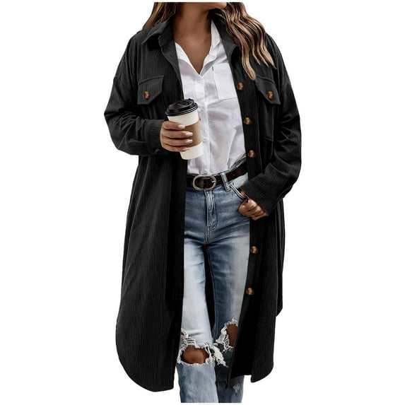 Brglopf Womens Oversized Shacket Jacket Long Corduroy Shirt Long Sleeve Casual Lapel Button Down Trench Coats with Pockets(Black,L)