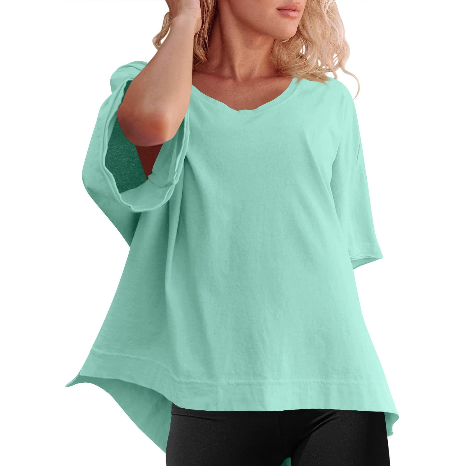 Women's Oversized 3/4 Sleeve Button Down Shirt - Side Slit Casual Blouse, Loose Fit Tunic Top For Summer