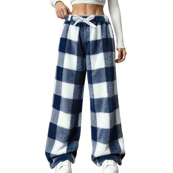 Brglopf Womens Plaid Fluffy Pajama Pants Drawstring High Waisted Fuzzy Fleece Cozy Lounge Pants with Pockets Winter Warm Pj Bottoms Blue XL