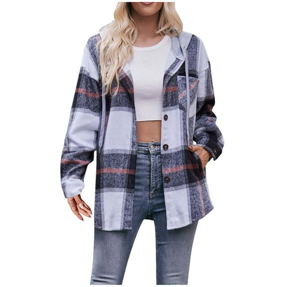 Brglopf Womens Plaid Shacket Jacket Casual Long Sleeve Button Down Drawstring Hooded Jackets with Pockets