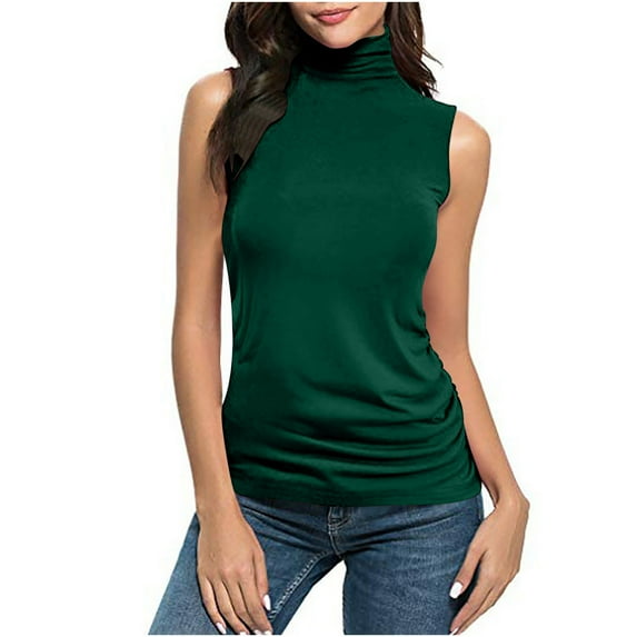 Brglopf Womens Plus Size Sleeveless T-Shirt Summer Trendy Mock Turtleneck Tank Tops Slim Fit Basic Stretchy Layer Tee Shirts(Green,S)