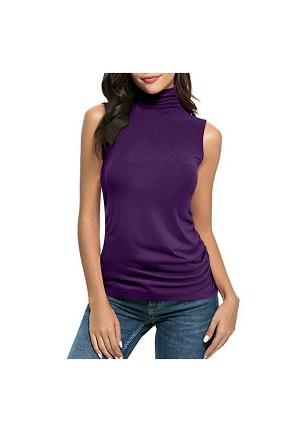 Womens Plus Size Sleeveless T-Shirt Summer Trendy Mock Turtleneck Tank Tops Slim Fit Basic Stretchy Layer Tee Shirts(Purple,XXL)