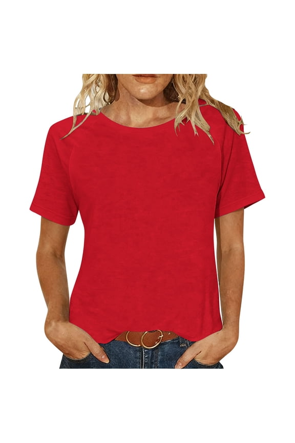 Womens Plus Size T Shirts Raglan Short Sleeve Crewneck Tops Casual Loose Basic Tees Shirts Summer Trendy Tunic Blouse(Red,L)