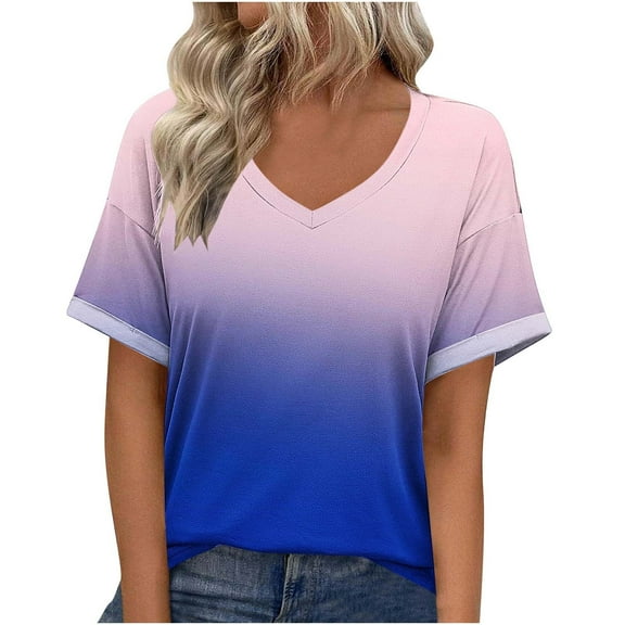 Brglopf Womens Plus Size T Shirts V-Neck Rolled Short Sleeve Basic Summer Tops Trendy Tie Dye Casual Tees Blouse(Blue Pink,M)