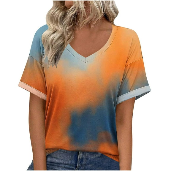 Brglopf Womens Plus Size T Shirts V-Neck Rolled Short Sleeve Basic Summer Tops Trendy Tie Dye Casual Tees Blouse(Light Blue,XXL)
