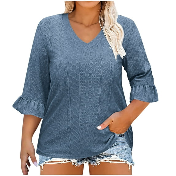 Brglopf Womens Plus Size Tops 3/4 Length Sleeve Shirts Dressy Casual V-Neck Ruffle Sleeve Textured Tunic Blouse(Blue,5XL)
