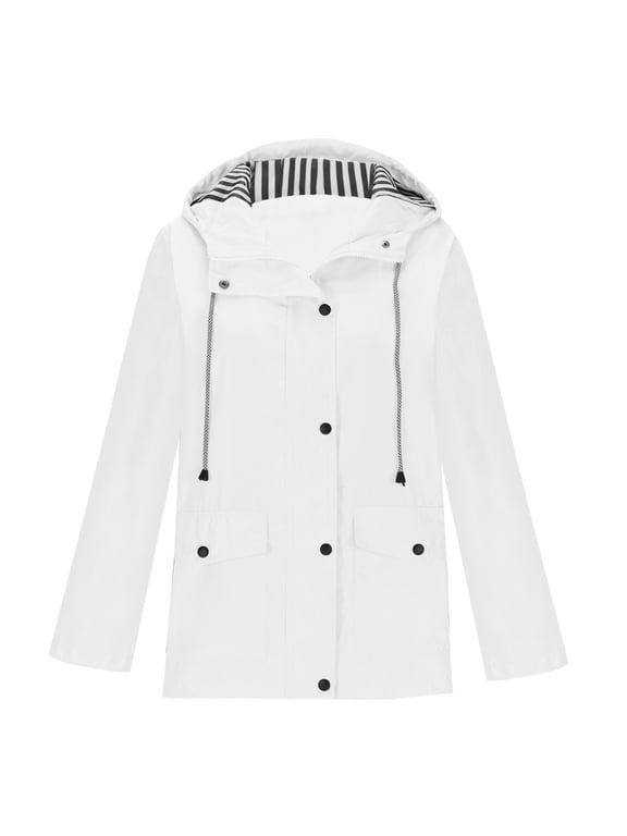 Womens Raincoata Waterproof Active Outdoor Rain Jacket Lightweight Zip Up Fashion Fall Travel Hiking Windbreaker Trench Coat with Hood(White,S)