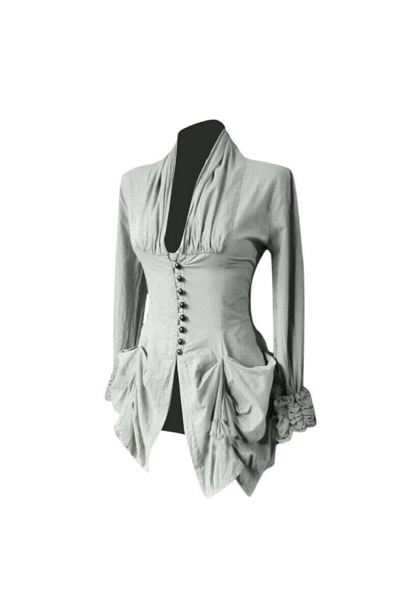 Womens Renaissance Gothic Blouse Deep V Neck Bell Sleeves Gothic Medieval Shirts Long Sleeve Button Up Tunic Tops Gray S