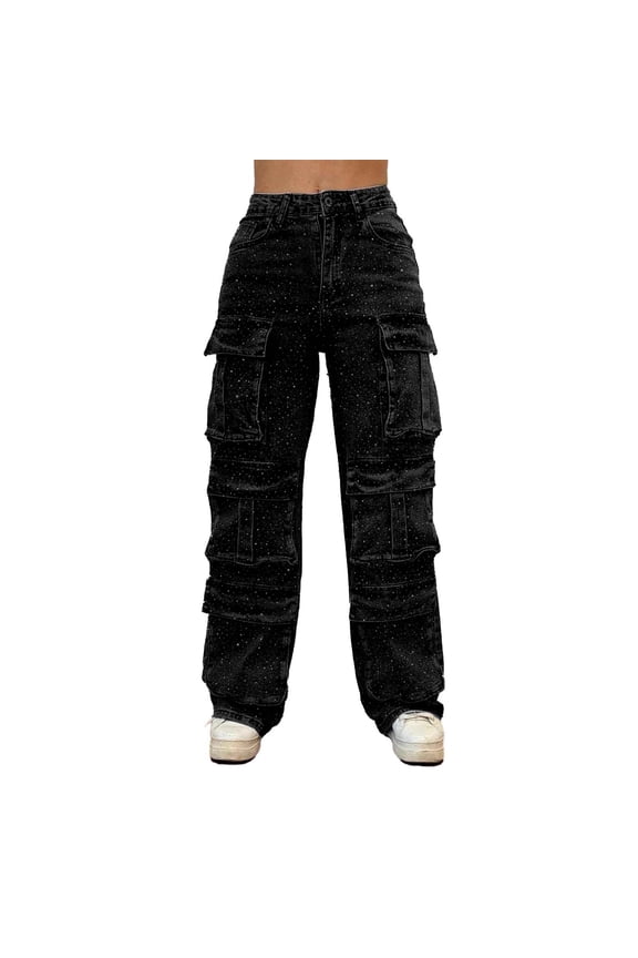 Womens Rhinestone Jeans Baggy Y2K High Waisted Straight Wide Leg Cargo Jean Trousers Sparkly Bling Glitter Denim Pants with Pockets Black S