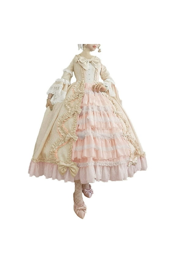 Womens Rococo Baroque Dress Medieval Renaissance 1800s Dress for Women Plus Size Flared Sleeve Court Ball Gown Vintage Lace Princess Dress(Beige,M)