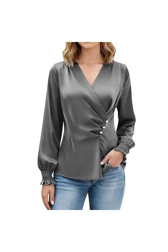 Womens Satin Silk Business Casual Blouses Elegant Dressy Work Tops Fall Fashion Pleated Wrap V Neck Long Sleeve Shirts Gray XXL