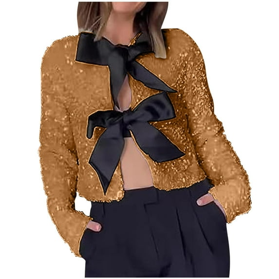 Brglopf Womens Sequin Tops Elegant Gold Velvet Strap Bow Cut Out Dressy Shirts Long Sleeve Sparkly Glitter Party Blouse Top