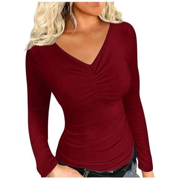 Brglopf Womens Sexy Elasticity V Neck Tops Long Sleeve Versatile Regular Blouse Slim Fitted Basic Soft Cotton Shirts