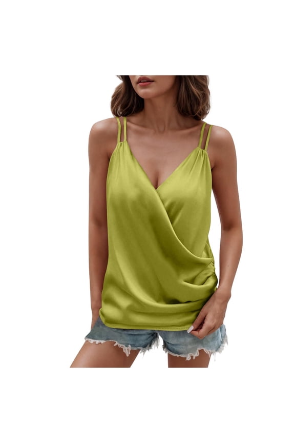 Womens Silk Satin Camisole Tank Tops Wrap V Neck Sleeveless Spaghetti Strap Blouses Dressy Casual Cami Shirt(Green,S)