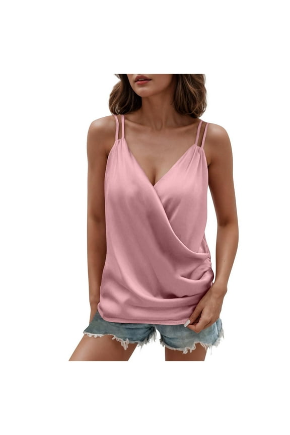 Womens Silk Satin Camisole Tank Tops Wrap V Neck Sleeveless Spaghetti Strap Blouses Dressy Casual Cami Shirt(Pink,M)