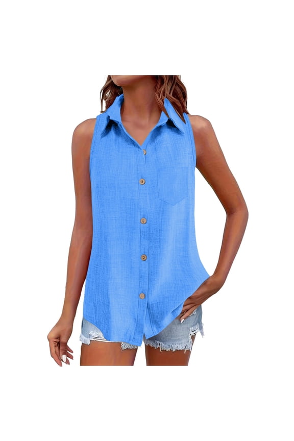 Womens Sleeveless Button Down Shirt Collared Cotton Linen Blouse Dressy Casual Office Basic Tank Tops with Chest Pocket(Blue,L)