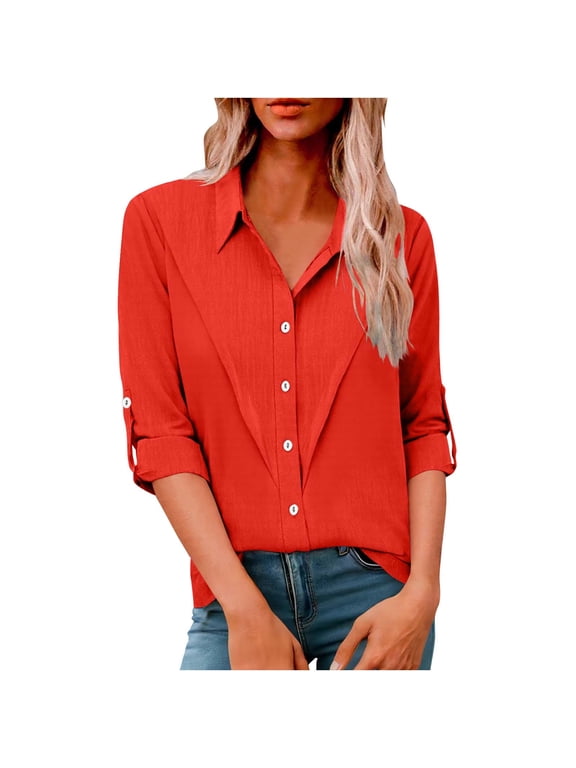 Womens Summer Cotton Linen Shirts Plus Size Casual Button Down Rolled Long Sleeve Tunic Tops Collared Dressy Work Blouse(Red,S)