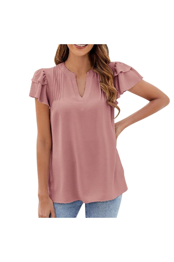 Womens Summer Tops Dressy Casual 2025 Trendy Pleated V Neck Flutter Short Sleeve Cute Shirts Business Work Blouses(Pink,XL)
