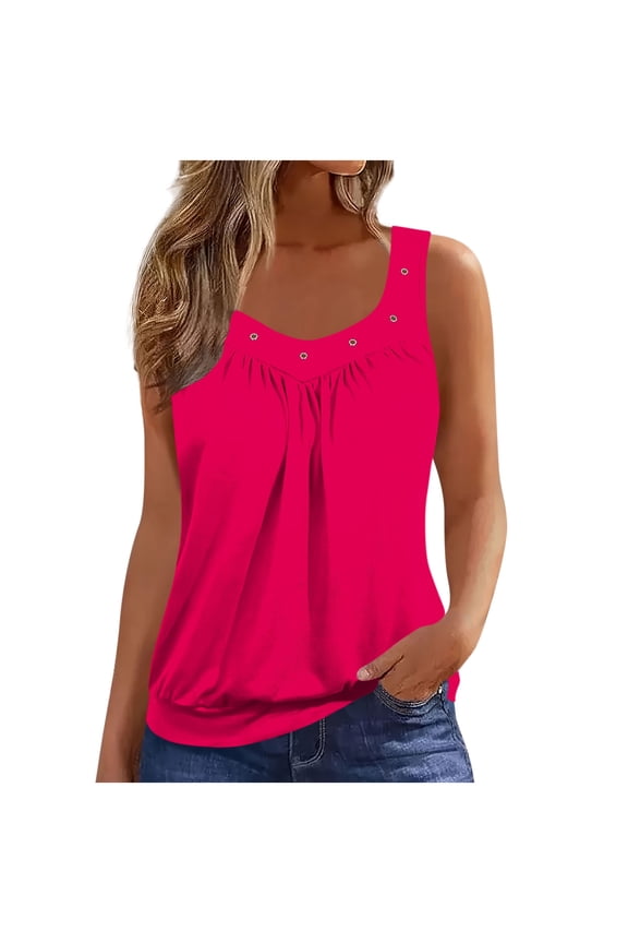 Womens Tank Tops Loose Fit V Neck Ruched Sleeveless Cami Blouse Summer Casual Basic Banded Bottom Shirts(Hot Pink,L)