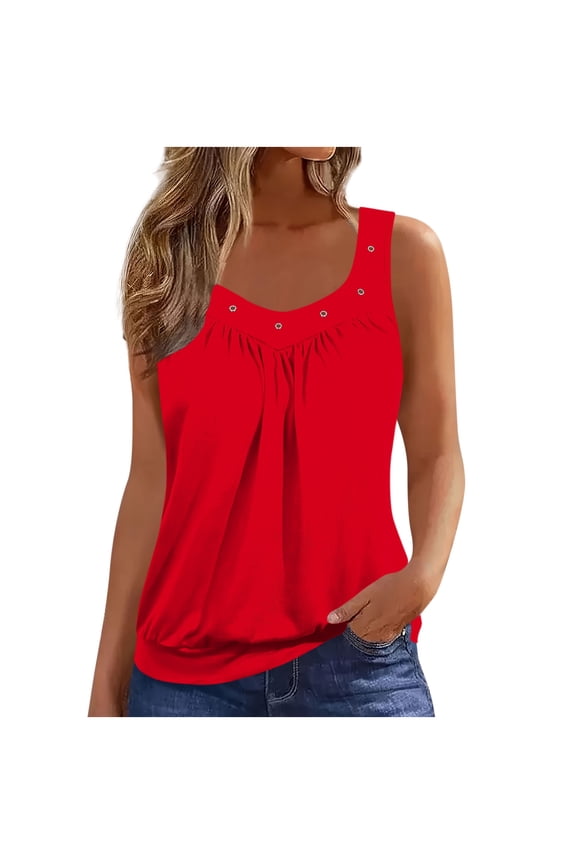 Womens Tank Tops Loose Fit V Neck Ruched Sleeveless Cami Blouse Summer Casual Basic Banded Bottom Shirts(Red,M)
