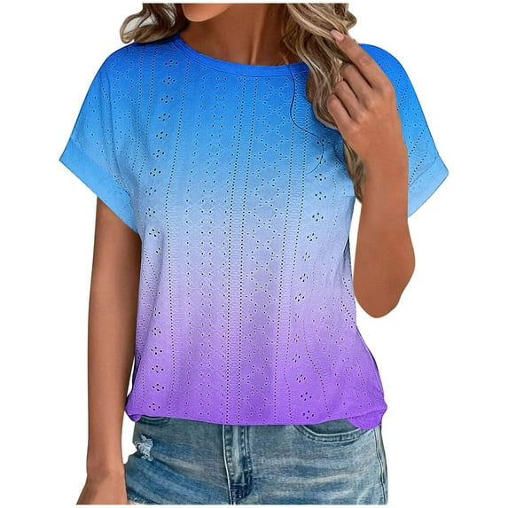 Brglopf Womens Tops Eyelet Embroidery Summer Crewneck Curved Hem Blouse 2025 Loose Casual Short Sleeve Trendy T Shirts(Blue,L)
