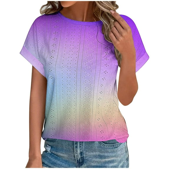 Brglopf Womens Tops Eyelet Embroidery Summer Crewneck Curved Hem Blouse 2025 Loose Casual Short Sleeve Trendy T Shirts(Multicolor,L)