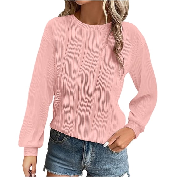 Brglopf Womens Tops Fall Trendy Dressy Casual Long Sleeve Crewneck Basic T Shirts Solid Loose Textured Tunic Blouses Pink XXL