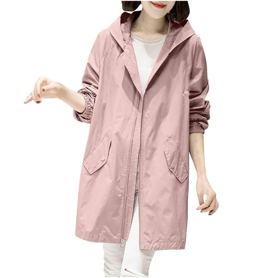 Brglopf Womens Trench Jackets Fall Fashion Full Zip Up Hooded Jacket Oversized Elegant Outdoor Travel Windbreaker Coat Outwear(Pink,L)