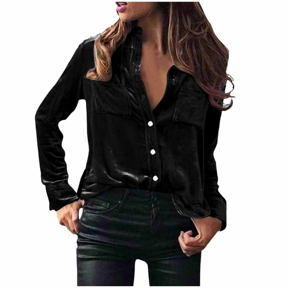 Brglopf Womens Velvet Tops Vintage Long Sleeve Collared Button Down Shirts Dressy Casual Business Work Blouse with Chest Pocket Black XXL