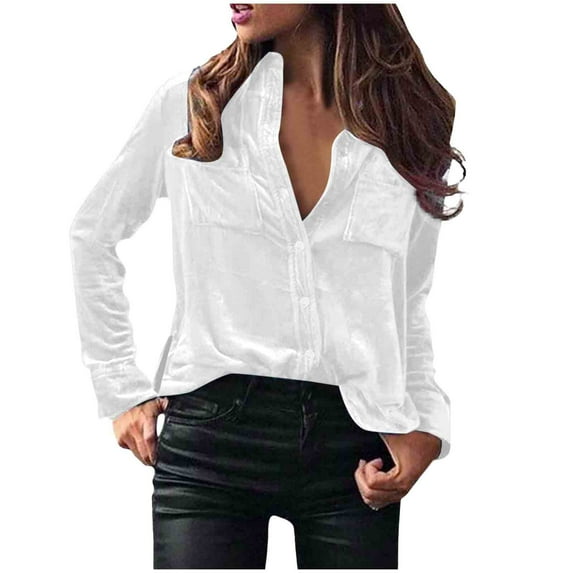 Brglopf Womens Velvet Tops Vintage Long Sleeve Collared Button Down Shirts Dressy Casual Business Work Blouse with Chest Pocket White L
