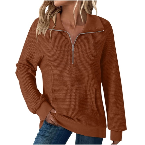 Brglopf Womens Waffle Knit Sweatshirt Lapel Half Zip Up Casual Lightweight Soft Sweatshirts Long Sleeve Loose Pullover Tops with Pocket Brown L