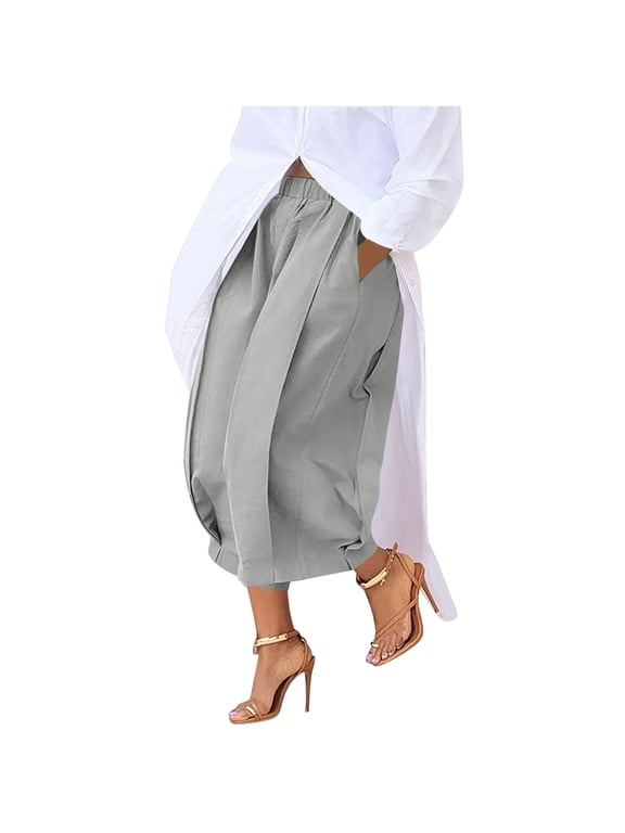 Womens Wide Leg Culottes Loose Fit Cropped Pants Elastic High Waist Pleated Casual Capris Palazzo Trousers with Pockets Gray M
