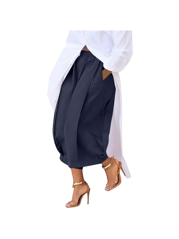 Womens Wide Leg Culottes Loose Fit Cropped Pants Elastic High Waist Pleated Casual Capris Palazzo Trousers with Pockets Navy L