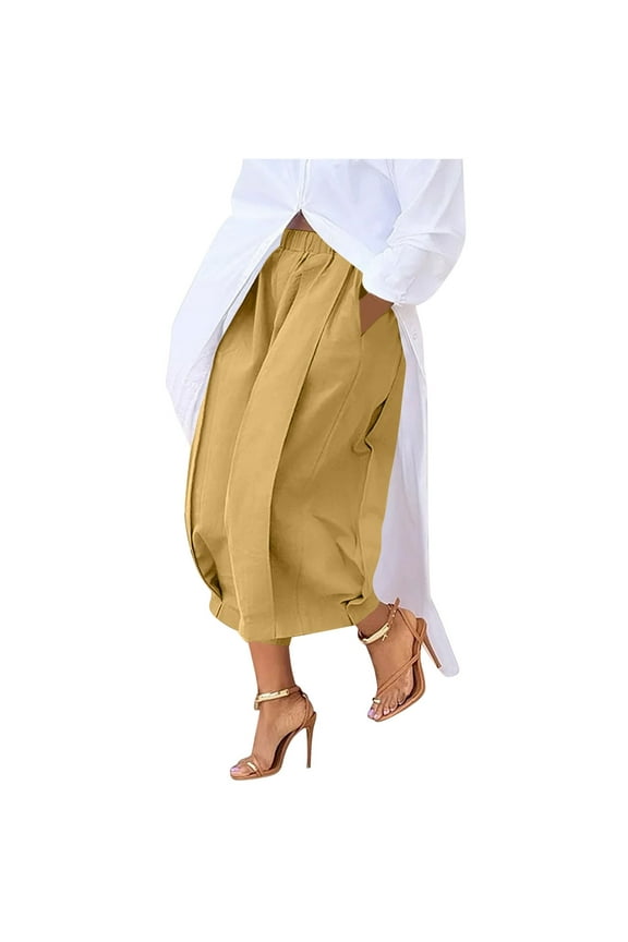 Womens Wide Leg Culottes Loose Fit Cropped Pants Elastic High Waist Pleated Casual Capris Palazzo Trousers with Pockets Yellow L