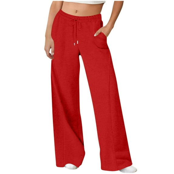 Brglopf Womens Wide Leg Sweatpants Elastic High Waisted Baggy Lounge Pants Comfy Drawstring Workout Joggers Pant with Pockets Red M