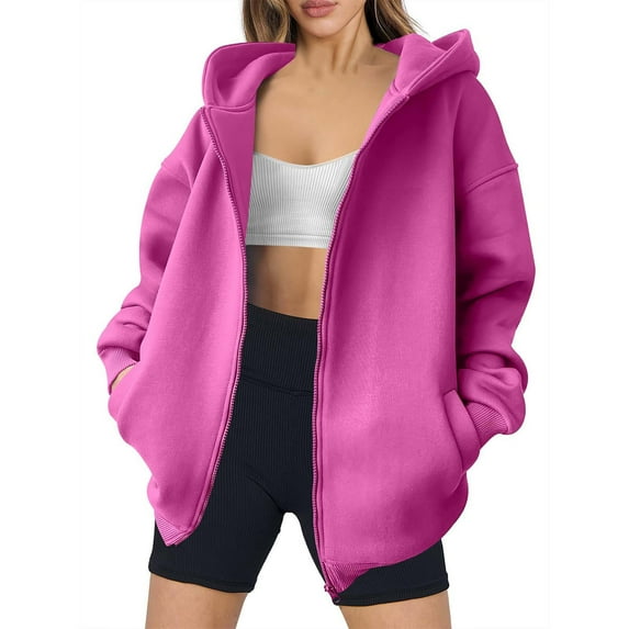Brglopf Womens Zip Up Hoodies Oversized Sweatshirt Long Sleeve Fleece Jackets Coat Workout Y2K Fall Trendy Outwear with Pockets(Pink,XXL)