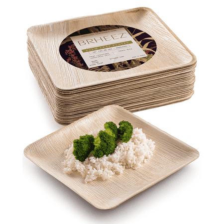 Brheez Disposable 10 inch Dinner Party Bamboo-Style Square Plates - Biodegradable, Compostable Palm Leaf 10", 25-Pack