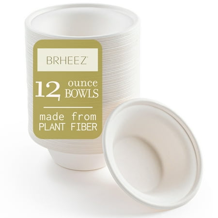 Brheez Disposable Bowls - 100% Biodegradable, Compostable Sugarcane Bagasse - Heavy Duty, 12oz, 60-Pack