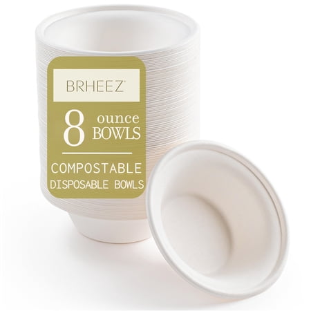 Brheez Disposable Bowls - 100% Biodegradable Compostable Sugarcane Bagasse - Heavy Duty, 8oz, 60-Pack