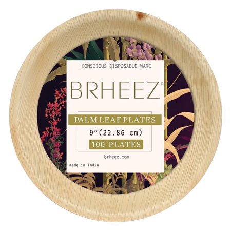 Brheez Disposable Plates Eco Friendly Compostable Biodegradable Round Palm Leaf Plate Set, 9”, 100-Pack