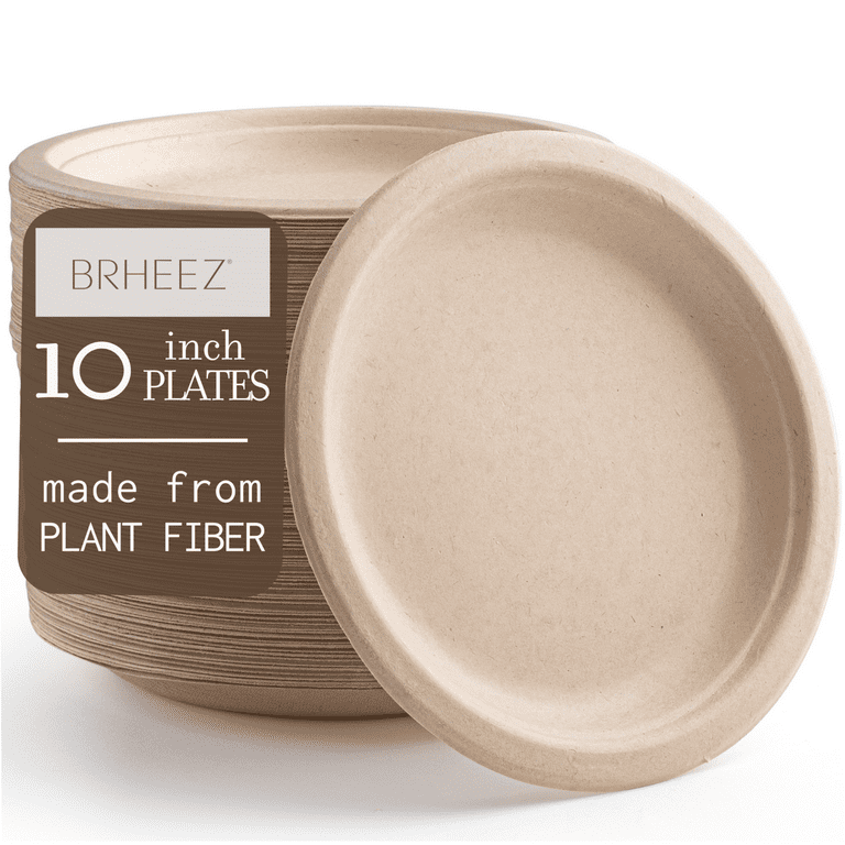 Brheez Disposable Plates Eco Friendly Compostable Biodegradable Round Sugarcane Plate Set 10 110 pack Brown