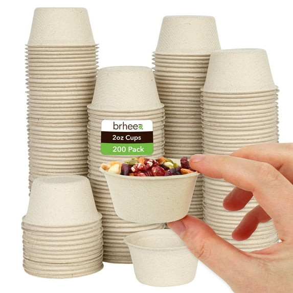 Brheez Disposable Souffle Cups - 100% Biodegradable & Compostable Bagasse Fiber, Natural, 2 oz, 200-pack