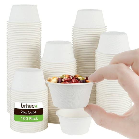 Brheez Disposable Souffle Cups - 100% Biodegradable & Compostable Bagasse Fiber, White, 2 oz, 100-pack